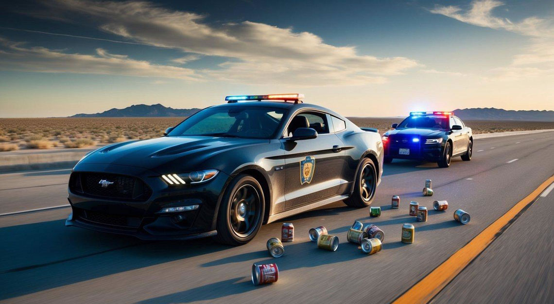 A car swerving on a desert highway, with empty beer cans scattered inside and a police car in pursuit with flashing lights