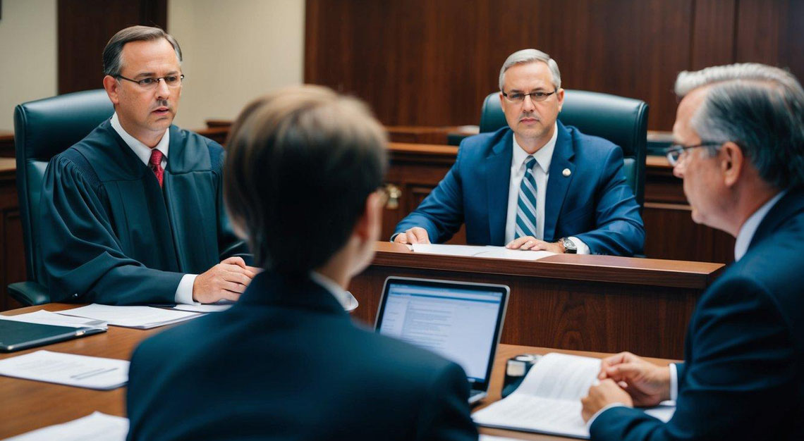 A courtroom with a judge, defense attorney, and defendant. The attorney presents evidence and arguments to defend against a DUI charge in Arizona