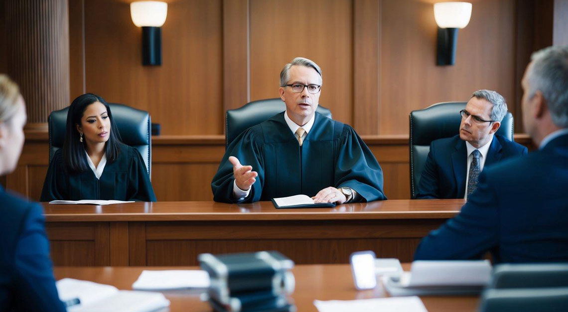 A courtroom with a judge presiding over a DUI case, with a defense attorney presenting evidence and arguments while the defendant sits nervously