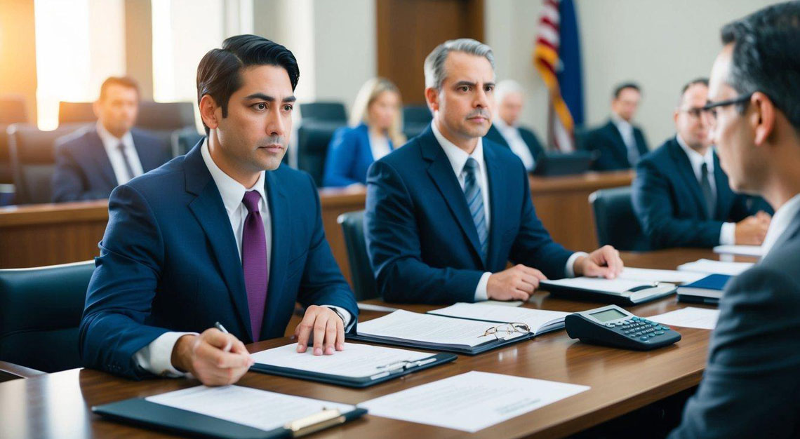 A courtroom scene with a lawyer presenting evidence and defending a DUI case in Arizona